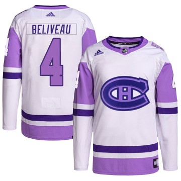 Authentic Adidas Men's Jean Beliveau Montreal Canadiens Hockey Fights Cancer Primegreen Jersey - White/Purple