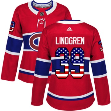 Authentic Adidas Women's Charlie Lindgren Montreal Canadiens USA Flag Fashion Jersey - Red