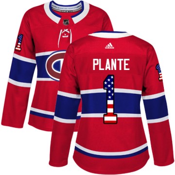 Authentic Adidas Women's Jacques Plante Montreal Canadiens USA Flag Fashion Jersey - Red
