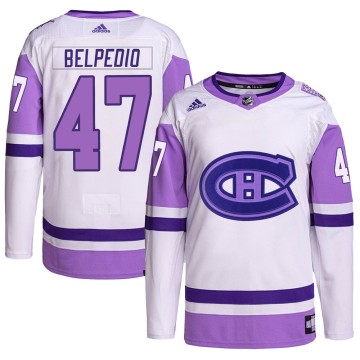 Authentic Adidas Youth Louie Belpedio Montreal Canadiens Hockey Fights Cancer Primegreen Jersey - White/Purple