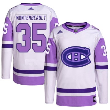 Authentic Adidas Youth Sam Montembeault Montreal Canadiens Hockey Fights Cancer Primegreen Jersey - White/Purple